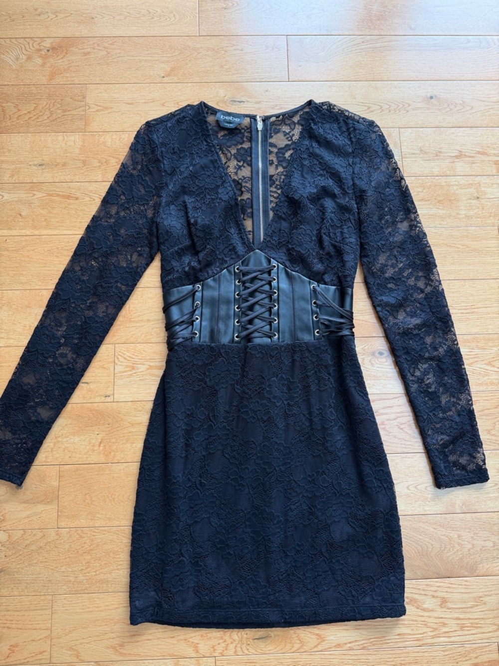 Bebe Black Lace Corset Waist Sheer Long-Sleeve Dress- sz 2